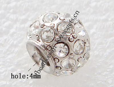 Rhinestone European Beads, with Zinc Alloy, Drum, plating thickness more than 3μm, more colors for choice, 8x11mm, Hole:Approx 4mm, Sold By PC