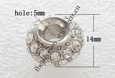 European perles strass, avec alliage de zinc, rondelle, Placage, épaisseur de bordé plus de 3μm, plus de couleurs à choisir, 8x14mm, Trou:Environ 5mm, Vendu par PC