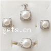 Conjuntos de joya de perla de agua dulce de plata , plata de ley 925, colgante & anillo de dedo & pendiente, con perla, chapado, con circonia cúbica, más colores para la opción, 9mm,10mm,11mm, tamaño:7, Vendido por Set