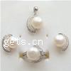 Conjuntos de joya de perla de agua dulce de plata , plata de ley 925, colgante & anillo de dedo & pendiente, con perla, chapado, con circonia cúbica, más colores para la opción, 19x15mm,16x14mm,15x13mm, tamaño:7, Vendido por Set