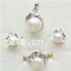 Sterling Silver Freshwater Pearl Jewelry Sets, 925 Sterling Silver, pendant & finger ring & earring, with pearl, plated, with cubic zirconia 15mm, US Ring 