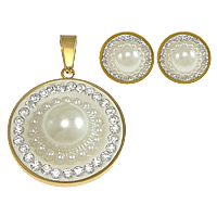Rhinestone stainless steel Jewelry Set, 304 Stainless Steel, pendant & earring, with Rhinestone Clay Pave & Plastic Pearl, Flat Round, gold color plated, with 81 pcs rhinestone  Approx 