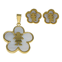 Fashion Stainless Steel Jewelry Sets, 304 Stainless Steel, pendant & earring, with Glass, Flower, gold color plated, white  Approx 