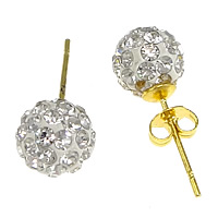 Stainless Steel Rhinestone Stud Earring, 304 Stainless Steel, with Rhinestone Clay Pave Bead, Round, gold color plated, 8mm 