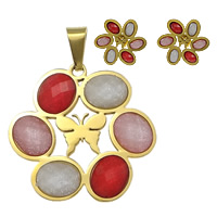 Fashion Stainless Steel Jewelry Sets, 304 Stainless Steel, pendant & earring, with Resin, Flower, gold color plated, faceted & colorful powder, multi-colored Approx 