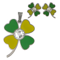 Fashion Stainless Steel Jewelry Sets, 304 Stainless Steel, pendant & earring, Four Leaf Clover, enamel & with rhinestone  Approx 