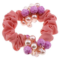 Hair Scrunchies, Chiffon, with Crystal & Glass Pearl & Acrylic, faceted, pink, 28mm, 15mm Inch 