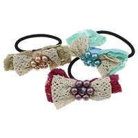 Ponytail Holder, Cotton, with nylon elastic cord & Glass Pearl & Acrylic, Bowknot, plated 76-80x27- 4mm Inch 
