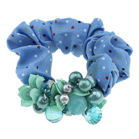 Hair Scrunchies, Chiffon, with Crystal & Glass Pearl & Acrylic, platinum color plated, with round spot pattern & faceted, blue, 27mm, 19mm Inch 