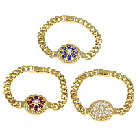 Cubic Zirconia Brass Bracelets, with Crystal, Flat Round, real gold plated, curb chain & with cubic zirconia & faceted nickel, lead & cadmium free  Approx 7.5 Inch 