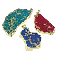 Impression Jasper Pendants, with Brass, Nuggets, gold color plated, mixed colors, 32-37x49-69x5.5-7.5mm Approx 