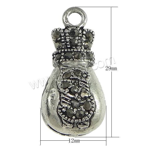 Zinc Alloy Money Bag Pendants, plated, with rhinestone & hollow & blacken, more colors for choice, nickel, lead & cadmium free, 12x29x5mm, Hole:Approx 3mm, Sold By PC