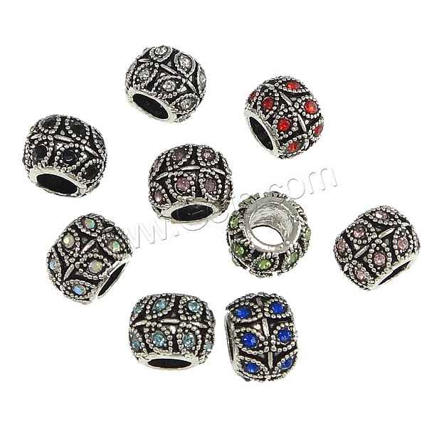 Rhinestone Zinc Alloy European Beads, Drum, plated, without troll & with rhinestone & blacken, more colors for choice, nickel, lead & cadmium free, 8x10mm, Hole:Approx 5mm, Sold By PC