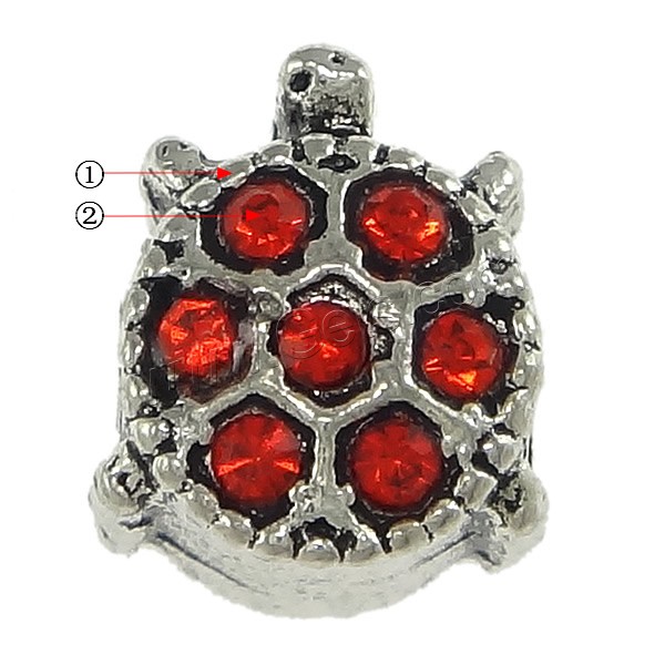 Rhinestone Zinc Alloy European Beads, Turtle, plated, without troll & with rhinestone & blacken, more colors for choice, nickel, lead & cadmium free, 9x10x8mm, Hole:Approx 4mm, Sold By PC