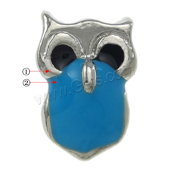 Enamel Zinc Alloy European Beads, Owl, plated, without troll, more colors for choice, nickel, lead & cadmium free, 8x12x9mm, Hole:Approx 5mm, Sold By PC