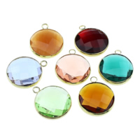 Glass Brass Pendants, with Glass, Flat Round, gold color plated & faceted 