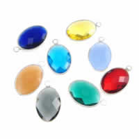 Glass Brass Pendants, with Glass, Flat Oval, silver color plated, faceted Approx 2mm 