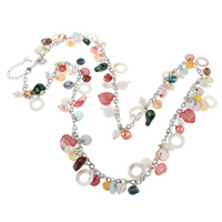 Пресноводные перлы ожерелье цепи свитера, Пресноводные жемчуги, с Пресноводные оболочка & Латунь, с 6cm наполнитель цепи, разноцветный, 6-7mm  длина:Приблизительно 30 дюймовый, продается Strand