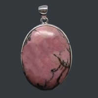 Rhodonite Pendants, Rhodochrosite, with Brass, Oval, silver color plated 