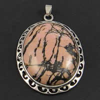 Rhodonite Pendants, Rhodochrosite, with Brass, Oval, silver color plated, 37x48-49x8-10mm Approx 