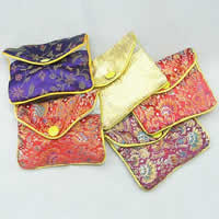 Silk Jewelry Pouches, with Brass, Rectangle, plated, with flower pattern, mixed colors 