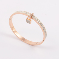 Stainless Steel Bangle, with Rhinestone Clay Pave, Lock, rose gold color plated, with 200 pcs rhinestone, 3mm, Inner Approx Approx 8.6 Inch 