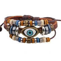Evil Eye Jewelry Bracelet, Cowhide, with Waxed Cotton Cord & Wood & Resin & Copper Coated Plastic & Zinc Alloy, plated , 5mm Approx 8 Inch 