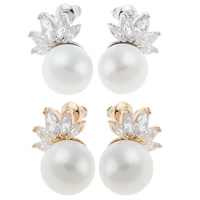 Cubic Zircon Brass Earring, with Plastic Pearl, plated, with cubic zirconia & faceted nickel, lead & cadmium free 