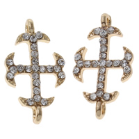 Rhinestone Zinc Alloy Connector, fleur-de-lis cross, gold color plated, with rhinestone & 1/1 loop Approx 1mm 