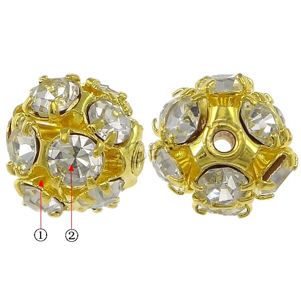 Ball Rhinestone Spacer, Brass, Round, plated, with rhinestone, more colors for choice, 12x11mm, Hole:Approx 1.5mm, Sold By PC
