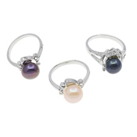 Cultured Freshwater Pearl Finger Ring, Brass, with pearl, Flat Round, platinum color plated, with rhinestone, mixed colors, nickel, lead & cadmium free, 8-9mm US Ring .5 