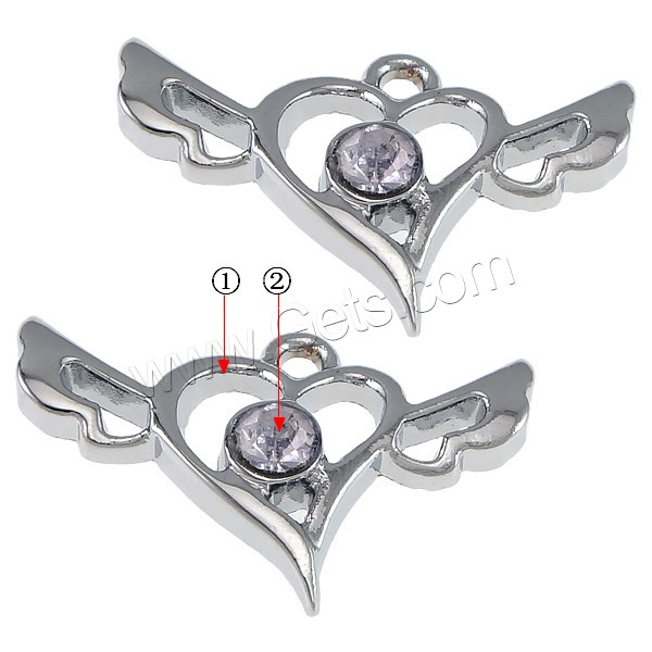 Zinc Alloy Heart Pendants, Winged Heart, plated, with rhinestone, more colors for choice, nickel, lead & cadmium free, 32x19x4.5mm, Hole:Approx 2mm, Sold By PC