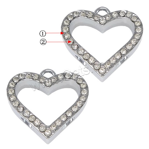 Colgantes de Aleación de Zinc en Forma de Corazón, chapado, con diamantes de imitación, más colores para la opción, libre de níquel, plomo & cadmio, 23x23x5.5mm, agujero:aproximado 2.5mm, Vendido por UD