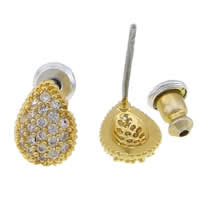 Brass Stud Earring, Teardrop, gold color plated, with cubic zirconia 14mm, 0.7mm 