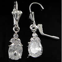 Cubic Zircon (CZ) Leverback Earring, Brass, Teardrop, platinum color plated, with cubic zirconia & faceted 