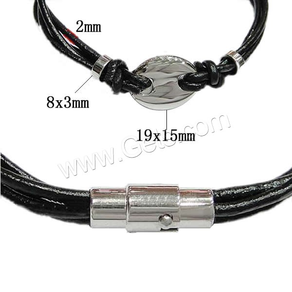 Bracelets de cuir de vachette, cuir de peau de vache, avec Acier inoxydable 316, longueur différente pour le choix, plus de couleurs à choisir, 2mm, 8x3mm, 19x15mm, Vendu par brin