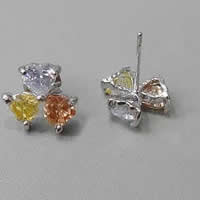 Cubic Zircon (CZ) Stud Earring, Brass, Flower, platinum color plated, with cubic zirconia & faceted 