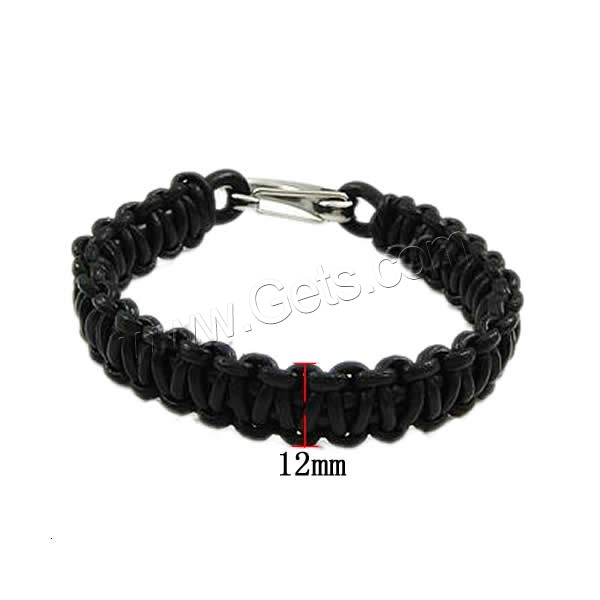 Bracelets de cuir de vachette, cuir de peau de vache, acier inoxydable 316 fermoir homard, noire, 12mm, 26x11mm, Vendu par PC