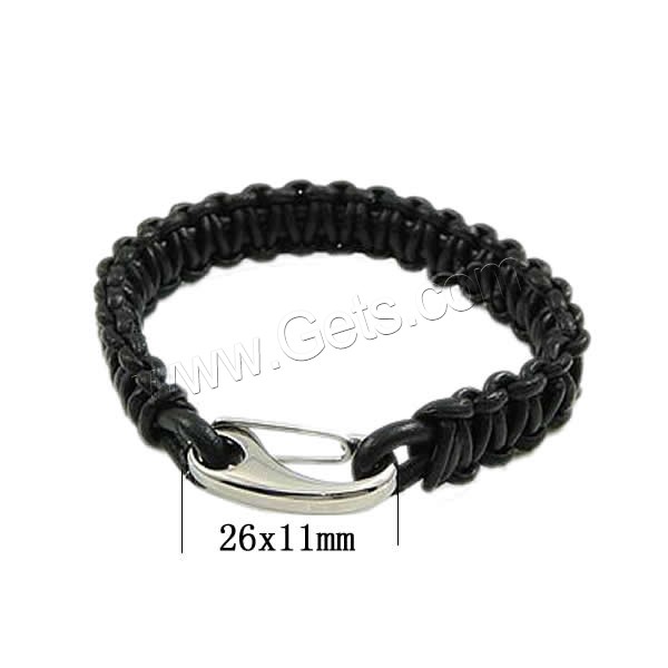 Bracelets de cuir de vachette, cuir de peau de vache, acier inoxydable 316 fermoir homard, noire, 12mm, 26x11mm, Vendu par PC