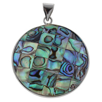 Mosaic Pattern Shell Pendants, Abalone Shell, with Freshwater Shell & Zinc Alloy, Flat Round, platinum color plated Approx 