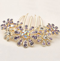 Decorative Hair Combs, Zinc Alloy, Flower, gold color plated, with rhinestone, nickel, lead & cadmium free, 80mm 