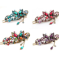 Alligator Hair Clip, Zinc Alloy, with Resin, Butterfly, antique gold color plated, faceted & with rhinestone, mixed colors, nickel, lead & cadmium free 