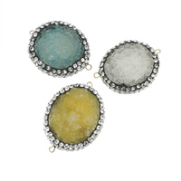 Natural Agate Druzy Connector, Ice Quartz Agate, with Clay Pave, Flat Oval, druzy style & with rhinestone & 1/1 loop, mixed colors, 23-30mm, 32-40mm Approx 2mm 