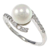 Pearl Sterling Silver Finger Ring, 925 Sterling Silver, with Freshwater Pearl, plated, micro pave cubic zirconia 9.5mm, US Ring 