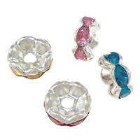 Wave Rondelle Rhinestone Spacer, Brass, Flat Round, silver color plated, with rhinestone, mixed colors Approx 2mm 