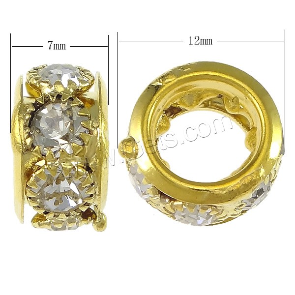 Rondelle Rhinestone Spacer, Brass, plated, with rhinestone & large hole, more colors for choice, 7x12mm, Hole:Approx 8mm, Sold By PC