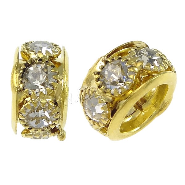 Rondelle Rhinestone Spacer, Brass, plated, with rhinestone & large hole, more colors for choice, 7x12mm, Hole:Approx 8mm, Sold By PC