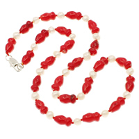 Coral Freshwater Pearl Necklace, Natural Coral, with Freshwater Pearl, brass lobster clasp, red, 6-7mm Approx 17 Inch 