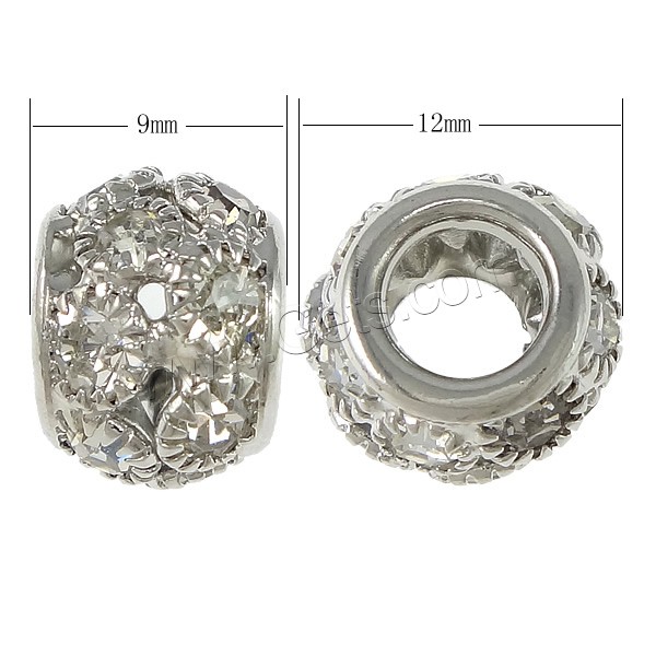 Rhinestone Brass European Beads, Drum, plated, with rhinestone, more colors for choice, 9x12mm, Hole:Approx 5.5mm, Sold By PC
