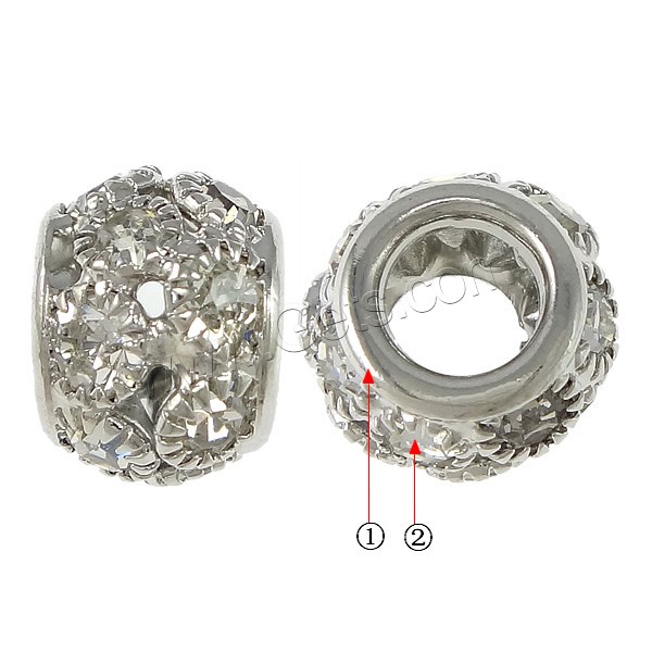 Rhinestone Brass European Beads, Drum, plated, with rhinestone, more colors for choice, 9x12mm, Hole:Approx 5.5mm, Sold By PC
